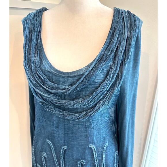 Soft Surroundings Blue Silk Beaux Arts Drape Neck Embroidered Tunic Blouse Small - Picture 2 of 7